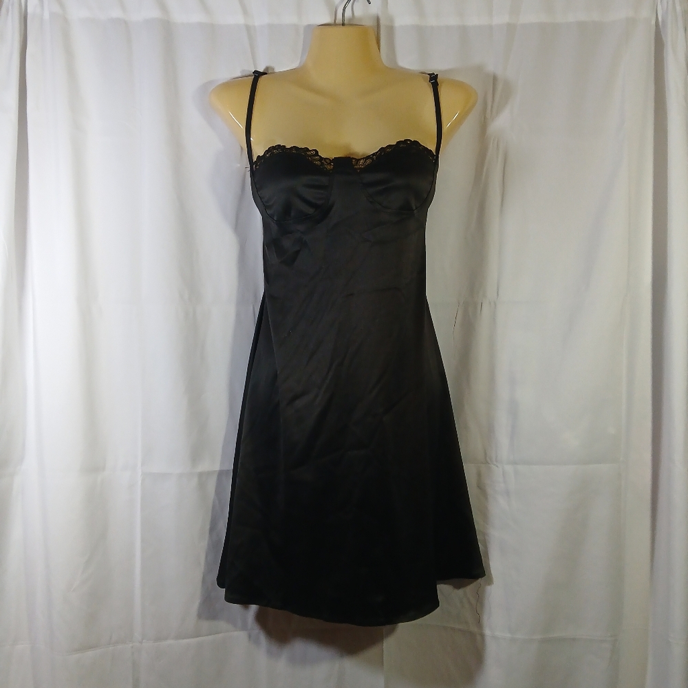 Lyaner Womens Medium Black Satin Slip Dress Chemise Lace Trim Open Back Stretch